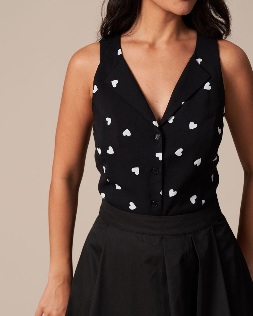 The Black Heart Pattern Tie Back Vest Black Tops - RIHOAS