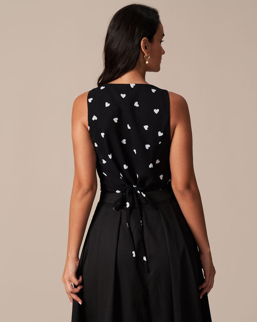 The Black Heart Pattern Tie Back Vest Black Tops - RIHOAS