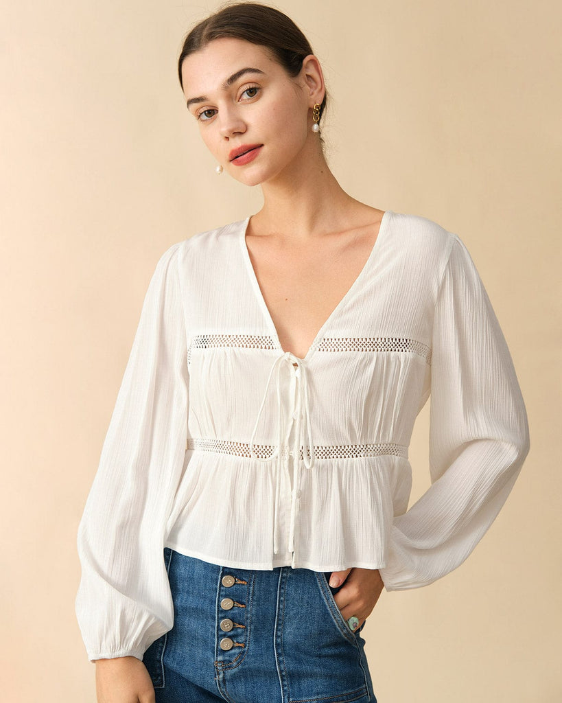 The Spliced Tie Front Cutout Blouse - RIHOAS