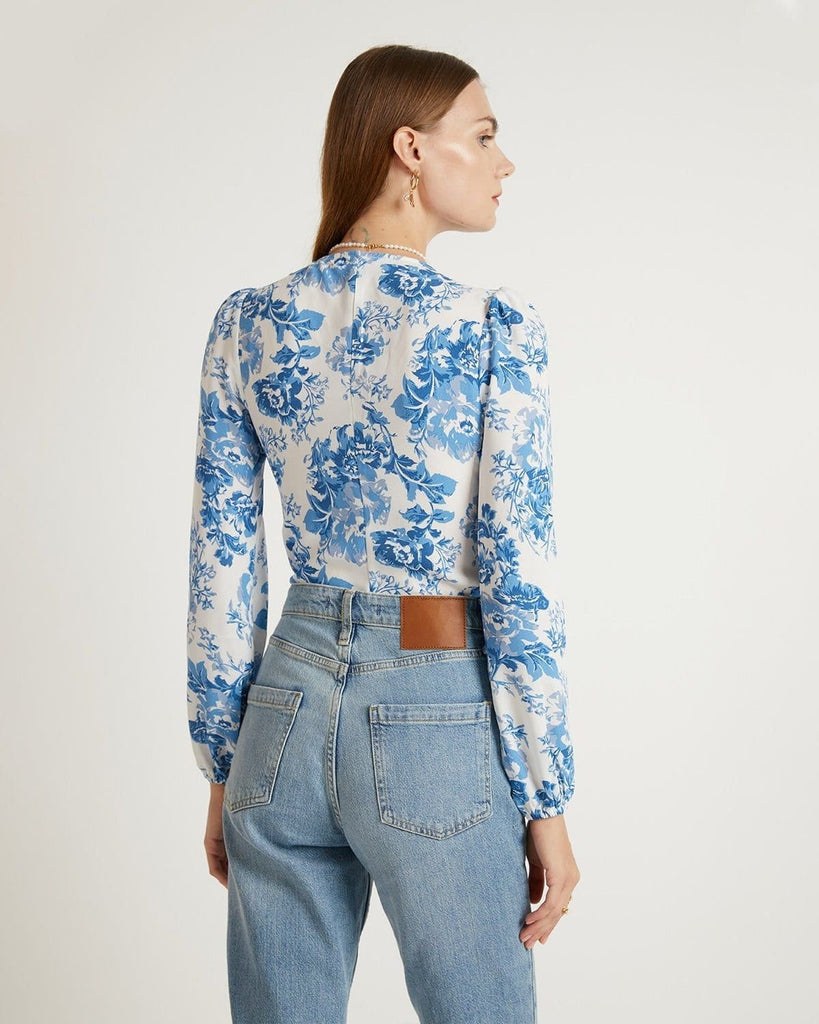 The Blue V-Neck Floral Lantern Sleeve Blouse Tops - RIHOAS