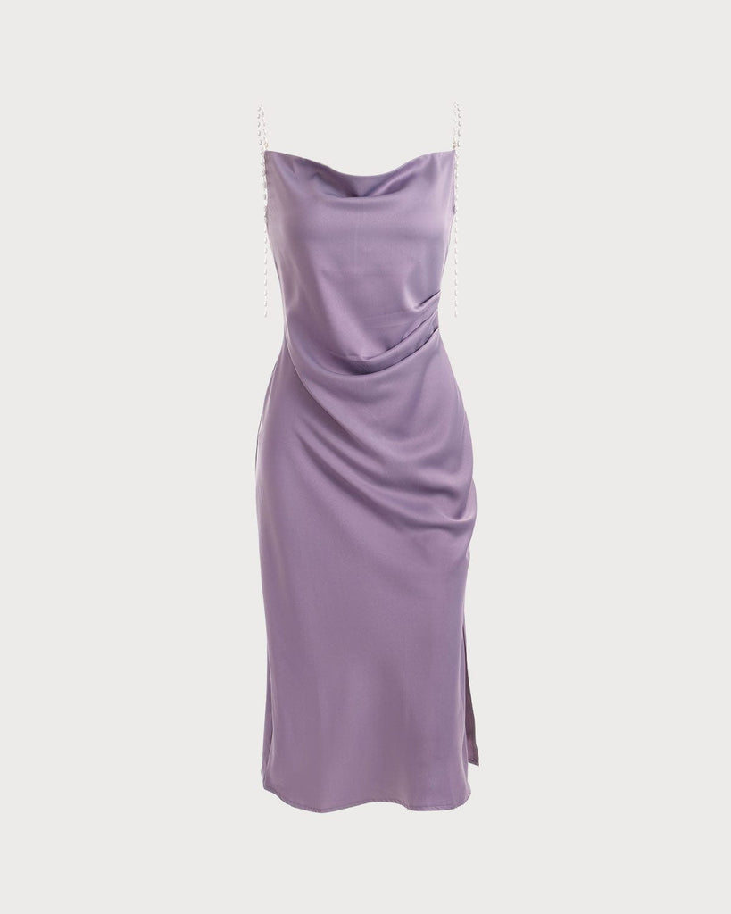 The Solid Cowl Neck Pearl Strap Midi Dress Cowl Neck Sleeveless Satin