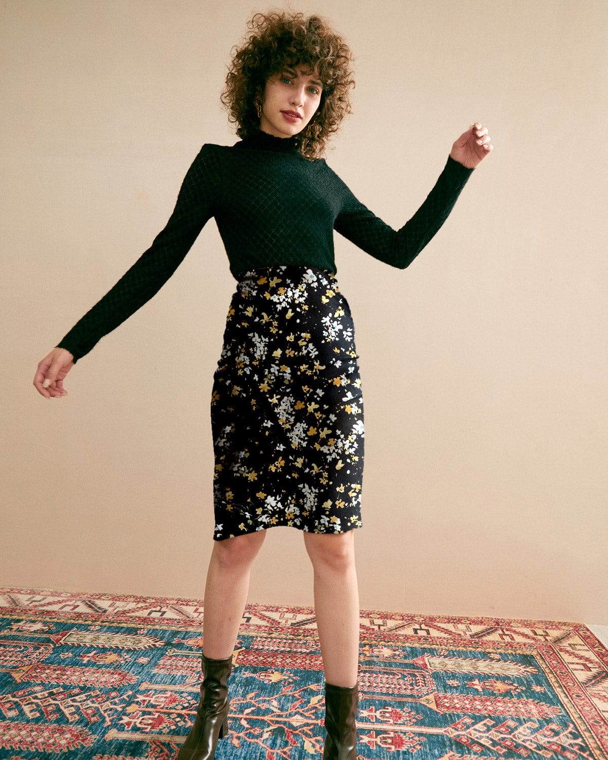 Zara black floral midi skirt top