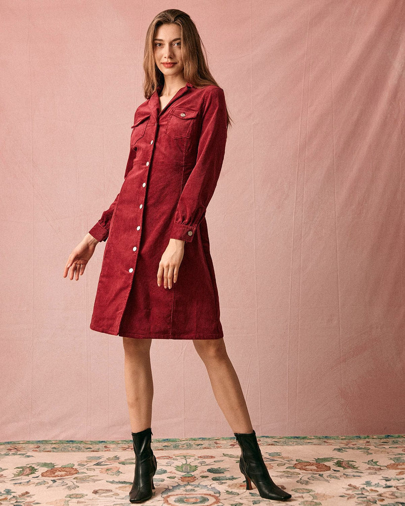 The Lapel Corduroy Midi Dress Dark Red Dresses - RIHOAS