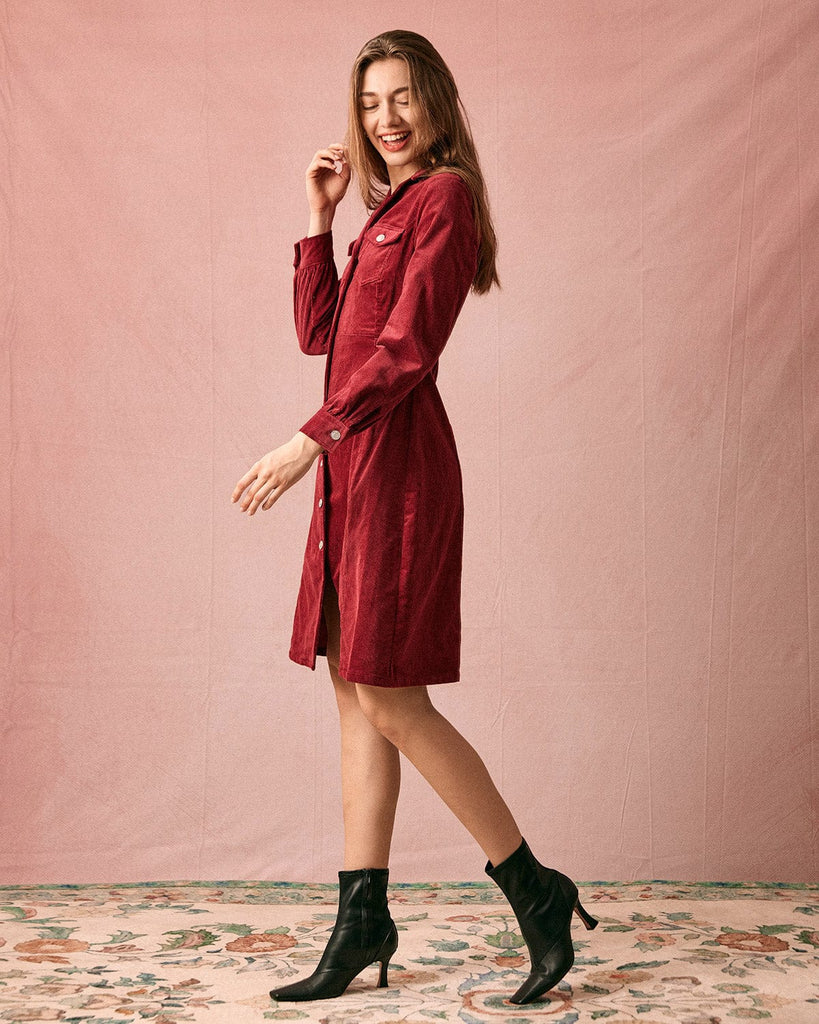 The Lapel Corduroy Midi Dress Dark Red Dresses - RIHOAS
