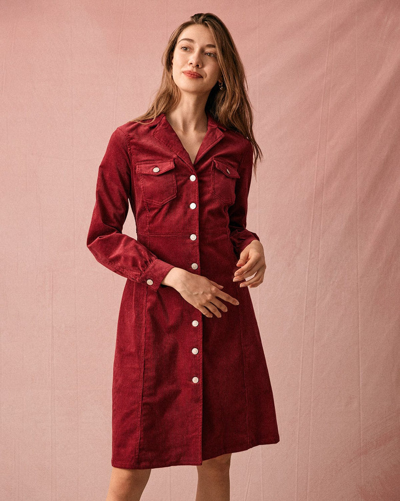 The Lapel Corduroy Midi Dress Dark Red Dresses - RIHOAS