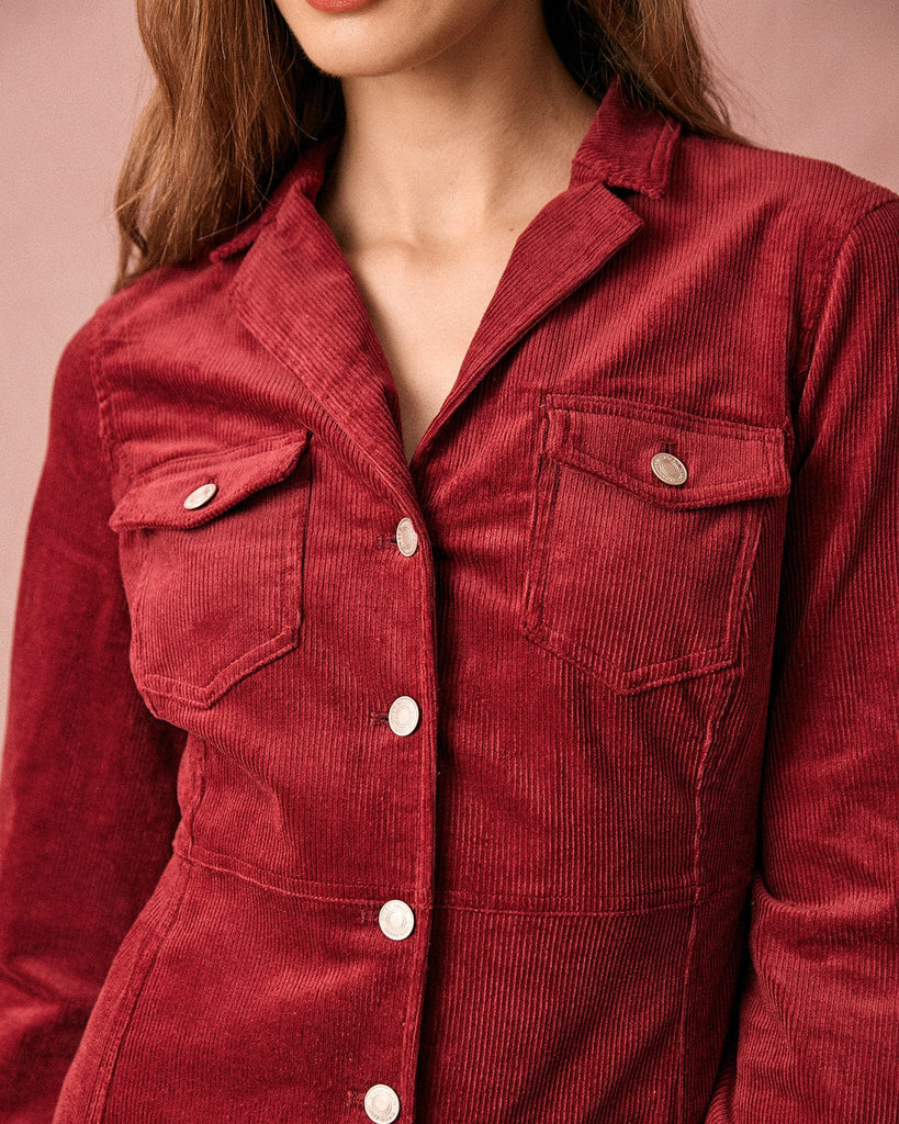 The Lapel Corduroy Midi Dress Dark Red Dresses - RIHOAS
