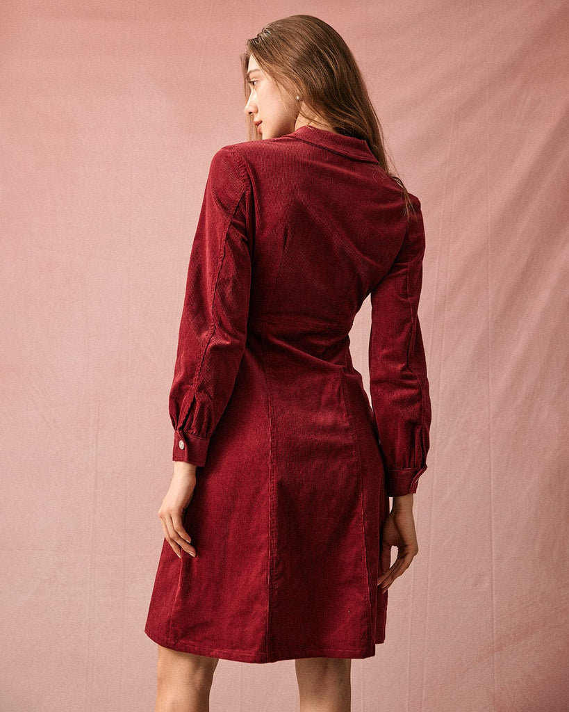 The Lapel Corduroy Midi Dress Dark Red Dresses - RIHOAS
