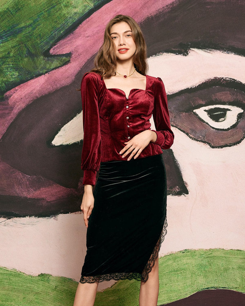 The Velvet Lantern Sleeve Blouse Red Tops - RIHOAS