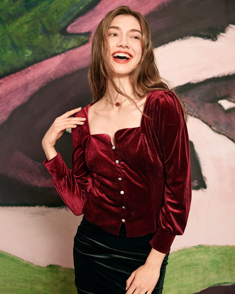 The Velvet Lantern Sleeve Blouse Red Tops - RIHOAS