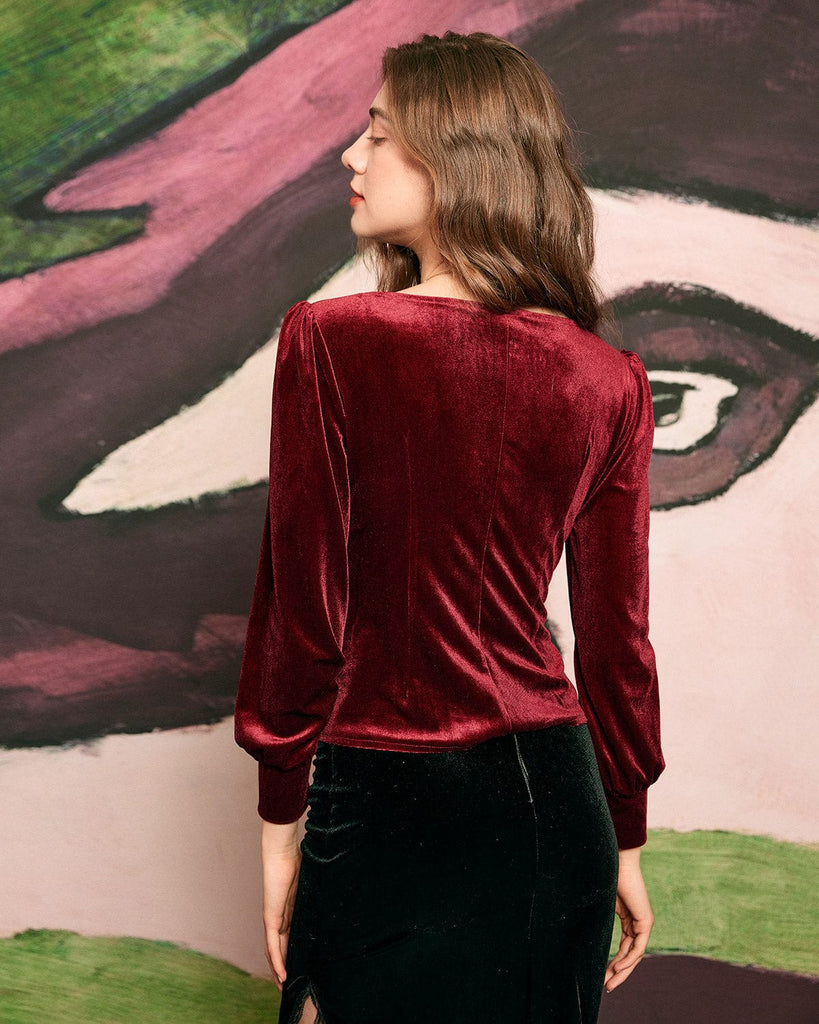 The Velvet Lantern Sleeve Blouse Red Tops - RIHOAS