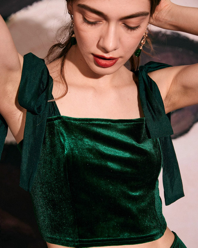 The Shirred Velvet Cami Top Green Tops - RIHOAS