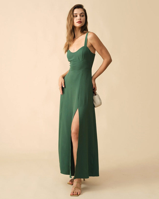 The Solid Color Maxi Dress - Women's Formal Maxi Dresses, Stylish Maxi Slit  Long Dress with Side Slits - Green - Dresses