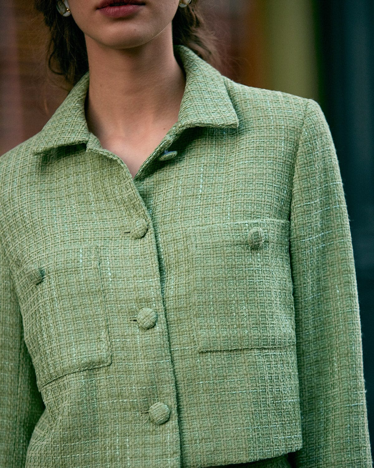 The Solid Collared Plaid Tweed Jacket - Cropped Plaid Tweed Long Sleeve  Button Jacket - Green - Outerwear