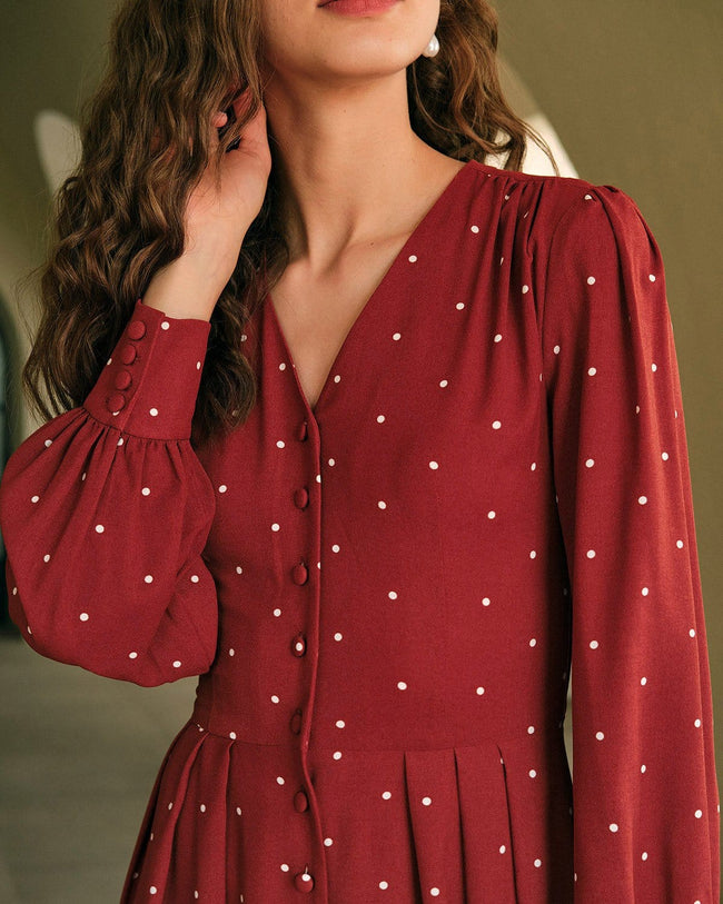 The Polka Dot Pleated Midi Dress - Pleated Long Sleeve Polka Dot V The Polka Dot Pleated Midi Dress - Pleated Long Sleeve Polka Dot V
