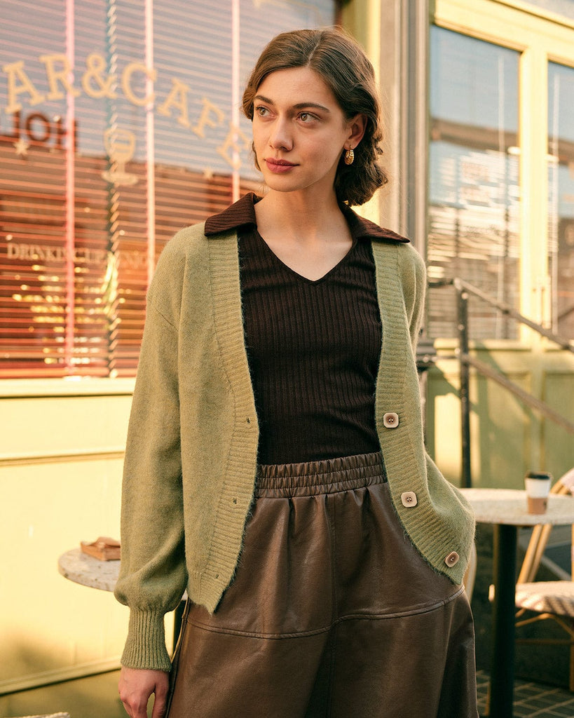 The Solid V Neck Puff Sleeve Cardigan