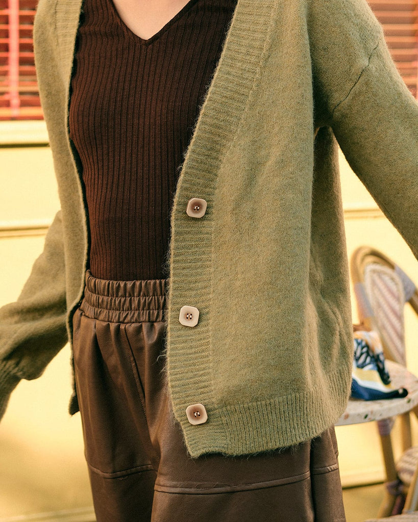 The Solid V Neck Puff Sleeve Cardigan