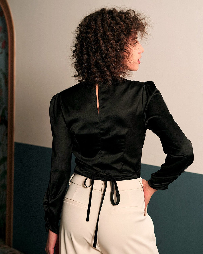 The Solid Puff Sleeve Tie-back Satin Blouse - RIHOAS