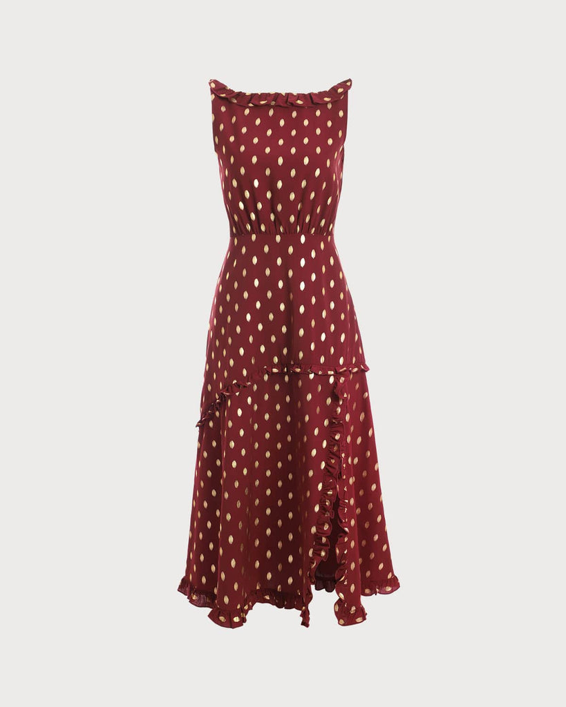 The Gold Dot Print Midi Dress Wine Red Dresses - RIHOAS