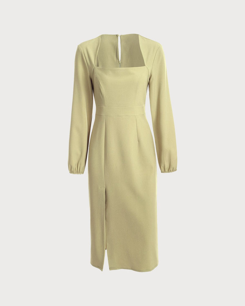 The Solid Square Neck Long Sleeve Dress - RIHOAS