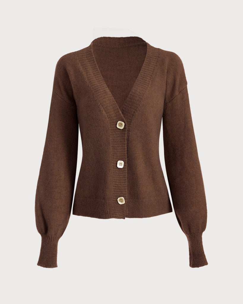 The Solid V Neck Puff Sleeve Cardigan