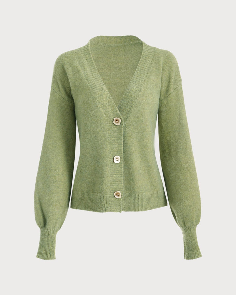 The Solid V Neck Puff Sleeve Cardigan