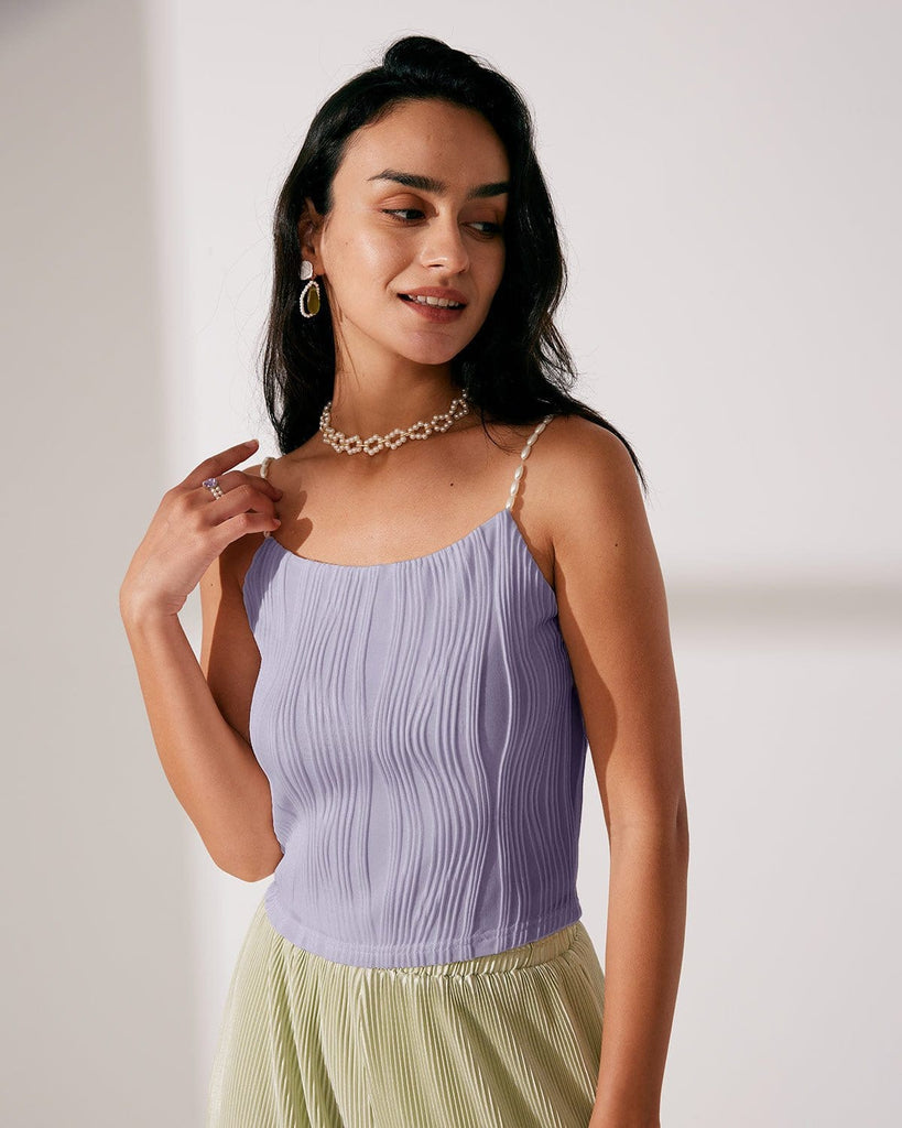 Beaded Strap Textured Cami Top Purple Tops - RIHOAS