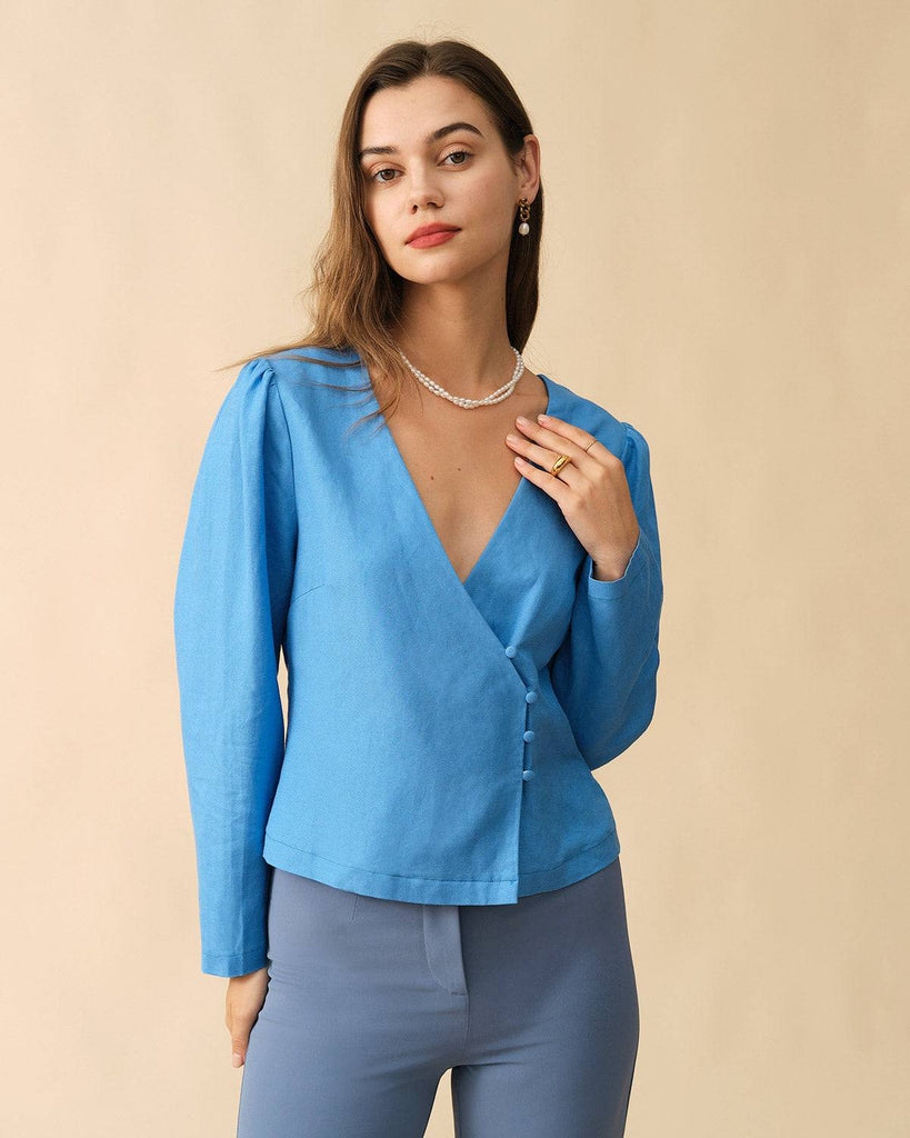 The Solid Color Puff Sleeve Wrap Blouse - RIHOAS