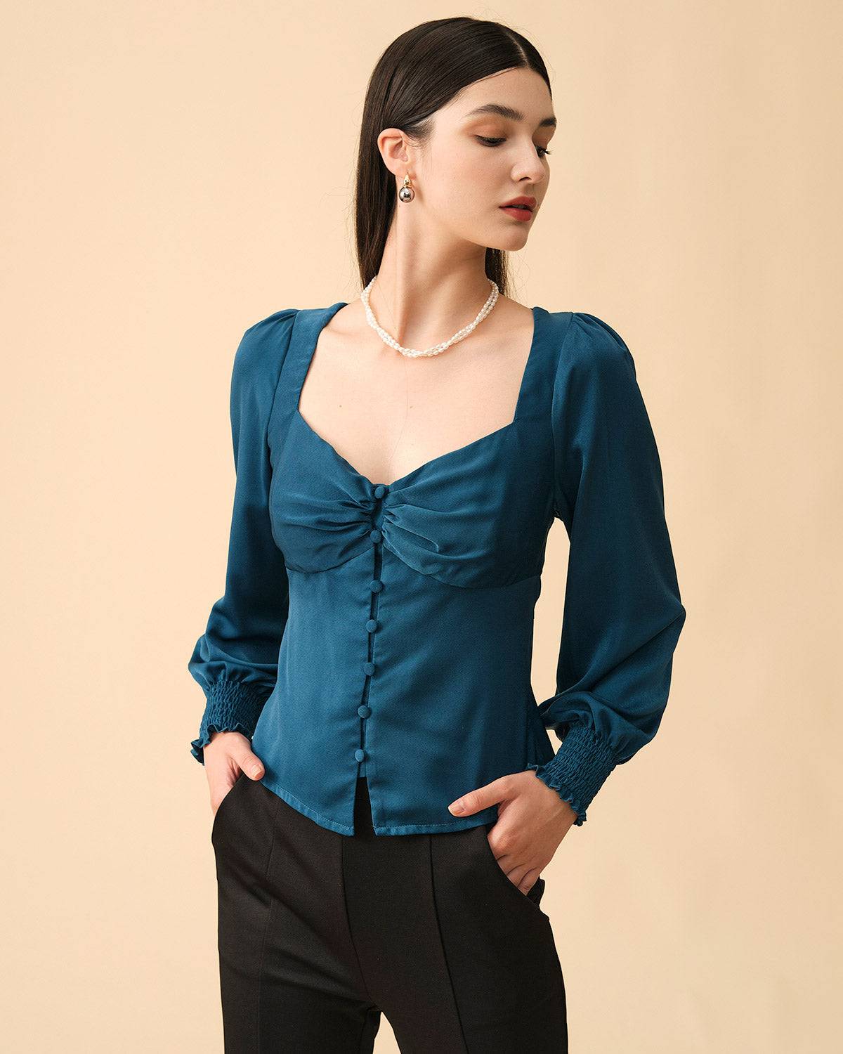 The Shirred Button Up Blouse & Reviews - Blue - Tops | RIHOAS