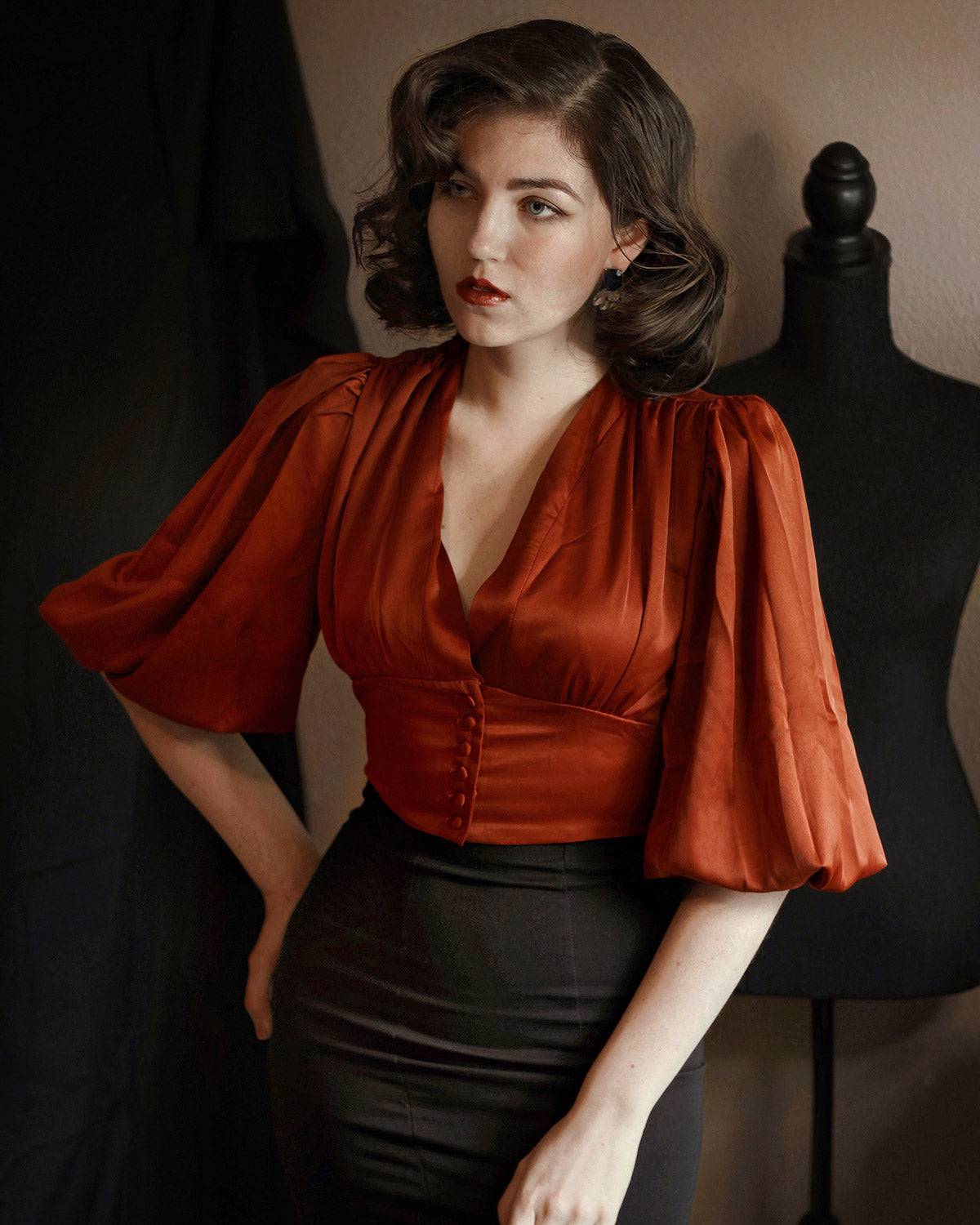 Balloon-Sleeves-Satin-Crop-Blouse