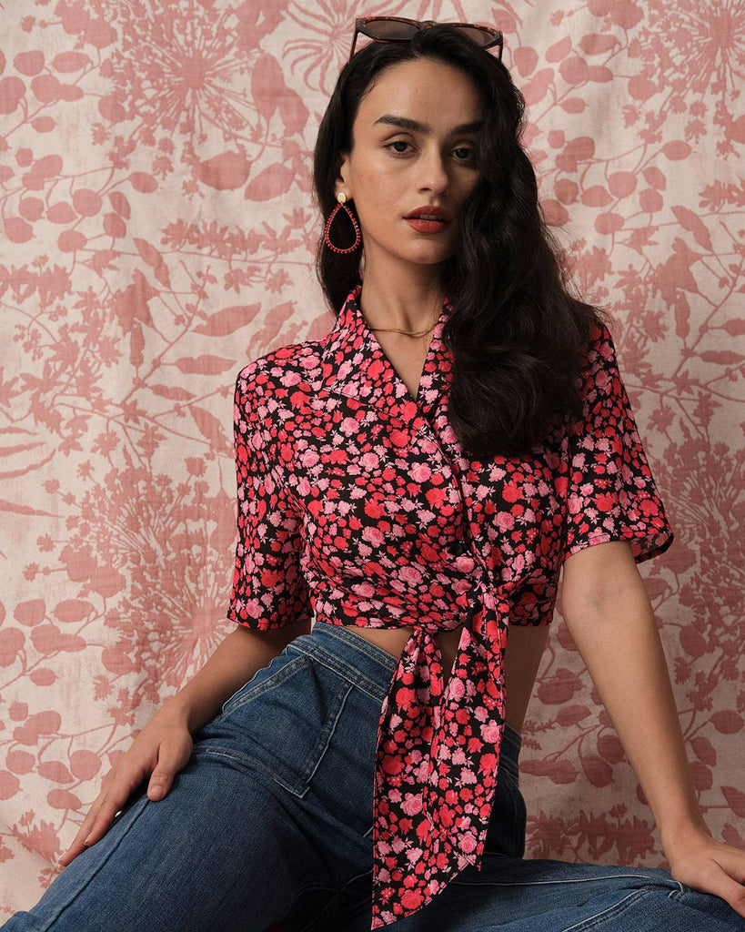 The Front Tie Floral Crop Blouse - RIHOAS