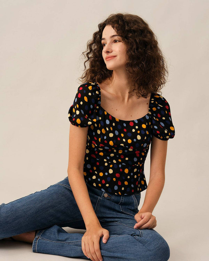 The Polka Dot Puff Sleeve Ruched Blouse - RIHOAS