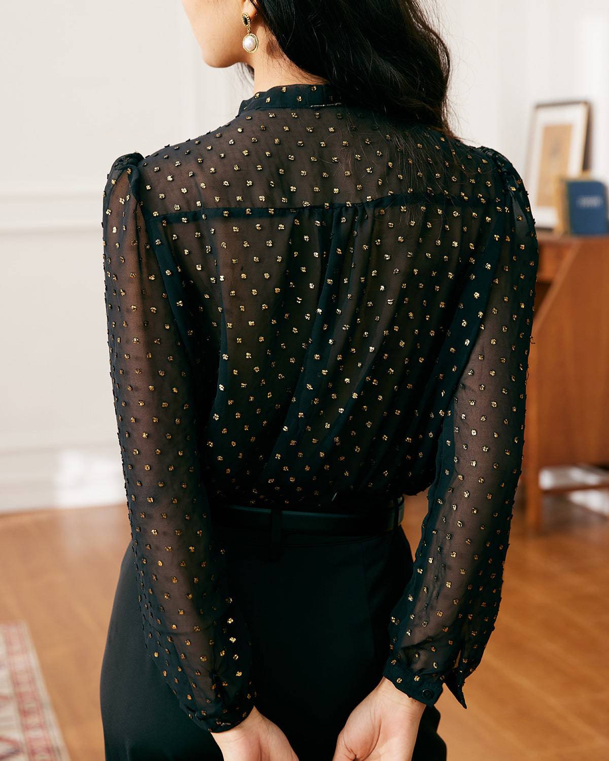 The Black See Through Double Layers Shirt: Women's Sheer Long Sleeve,  Layering Top - Black - Tops