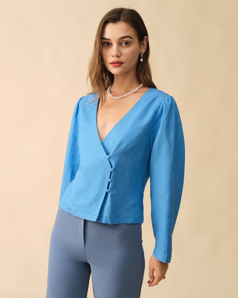 The Solid Color Puff Sleeve Wrap Blouse - RIHOAS