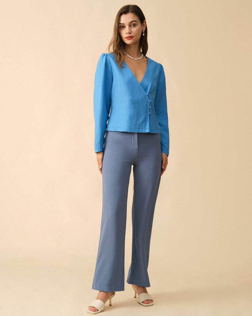 The Solid Color Puff Sleeve Wrap Blouse - RIHOAS