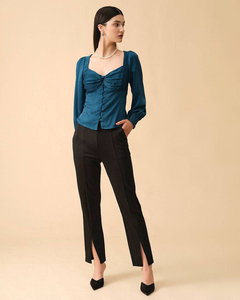 The Solid Color Shirred Button-up Blouse - RIHOAS