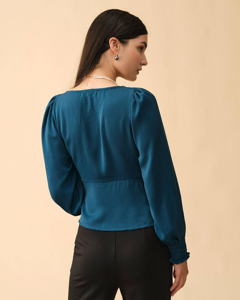 The Solid Color Shirred Button-up Blouse - RIHOAS