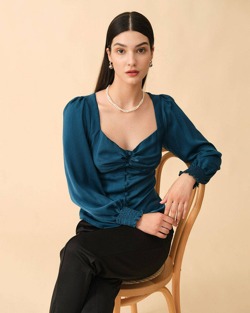 The Solid Color Shirred Button-up Blouse - RIHOAS