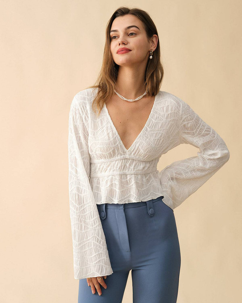 The Solid V Neck Textured Blouse - RIHOAS