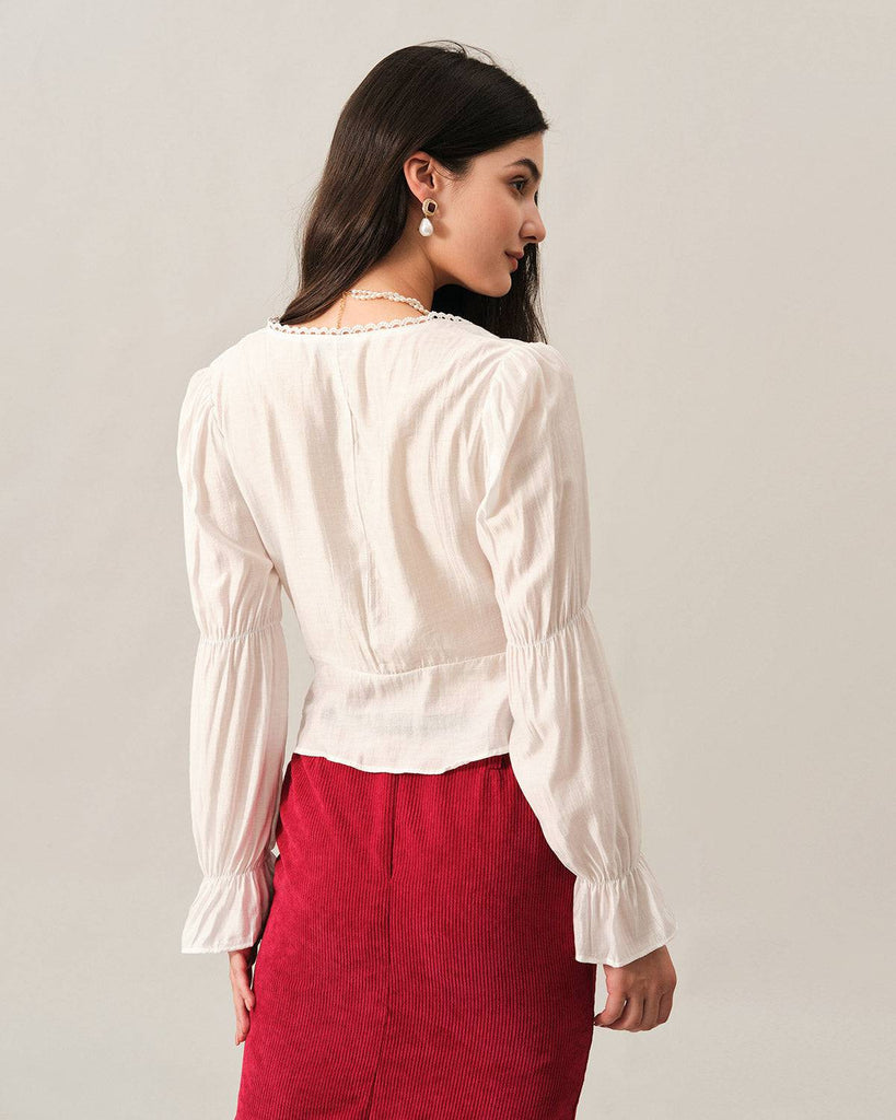 The V Neck Ruffle Lace Trim Blouse - RIHOAS