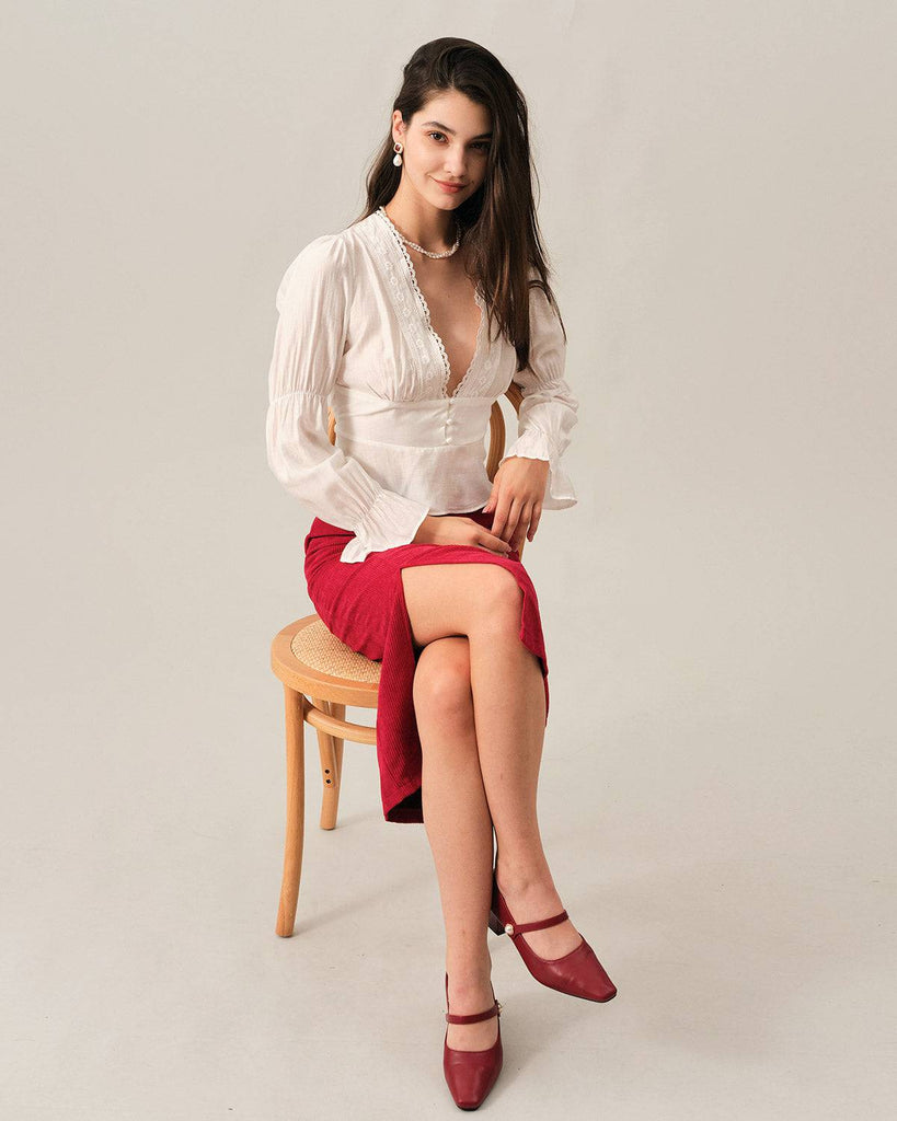 The V Neck Ruffle Lace Trim Blouse - RIHOAS
