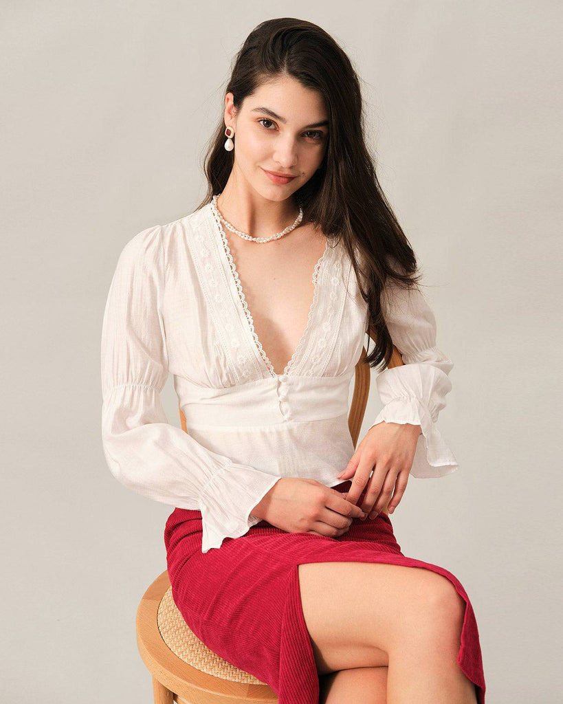 The V Neck Ruffle Lace Trim Blouse - RIHOAS