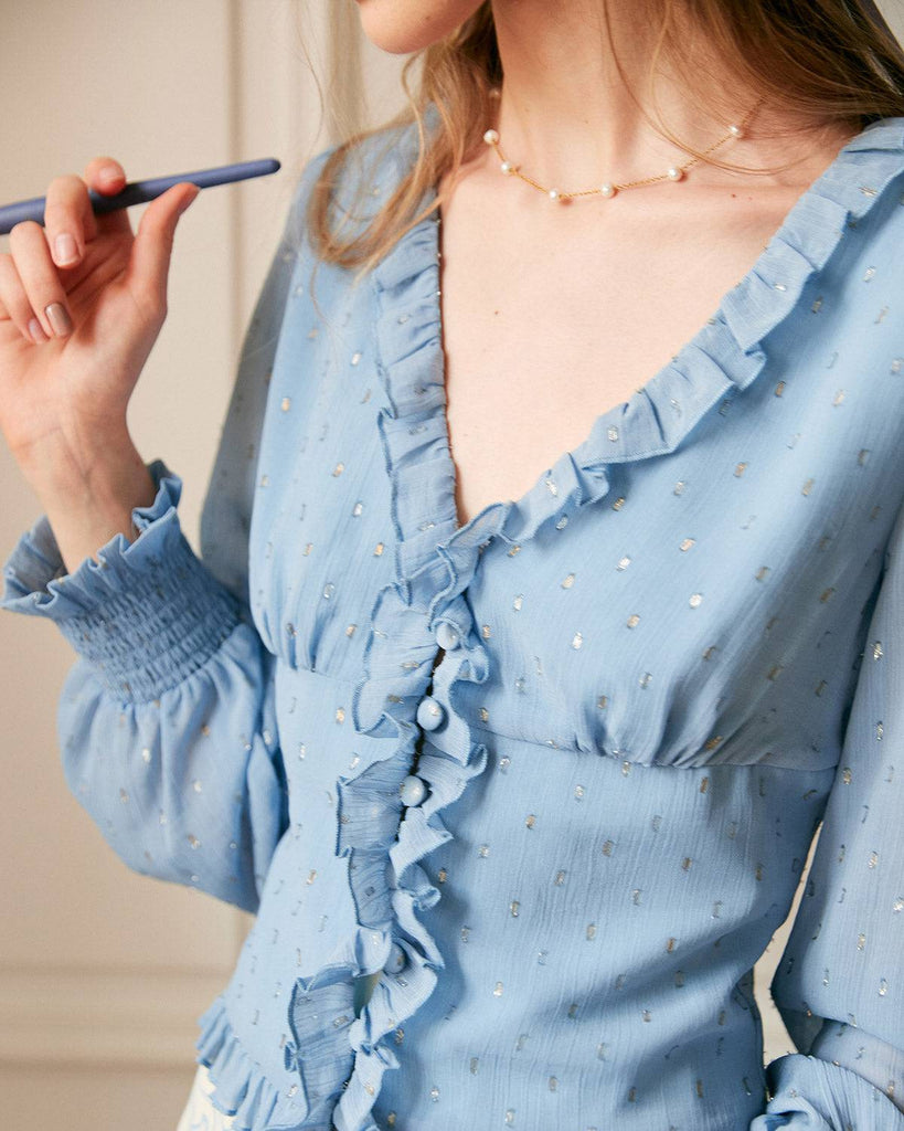 The V Neck Shirred Ruffle Blouse - RIHOAS