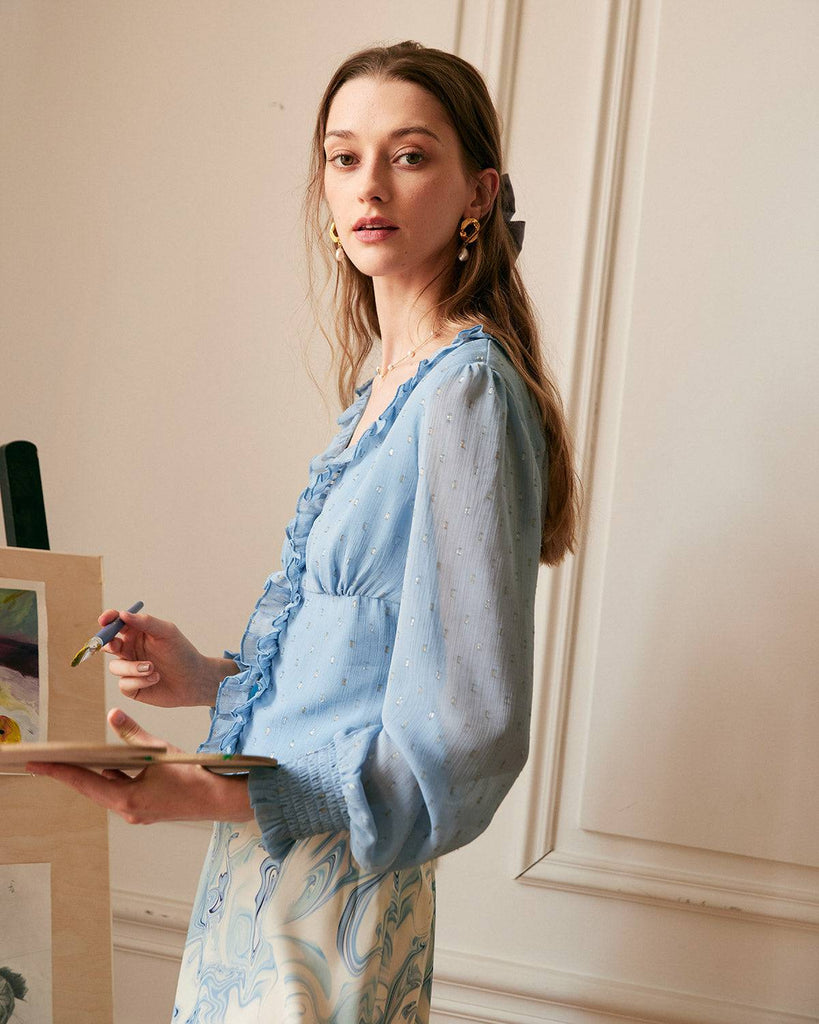 The V Neck Shirred Ruffle Blouse - RIHOAS