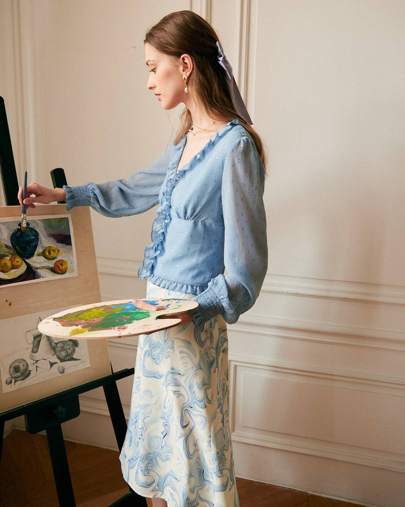The V Neck Shirred Ruffle Blouse - RIHOAS