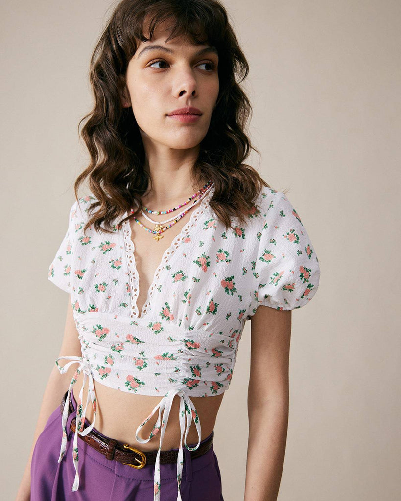 The Rose Print Drawstring Crop Blouse - RIHOAS