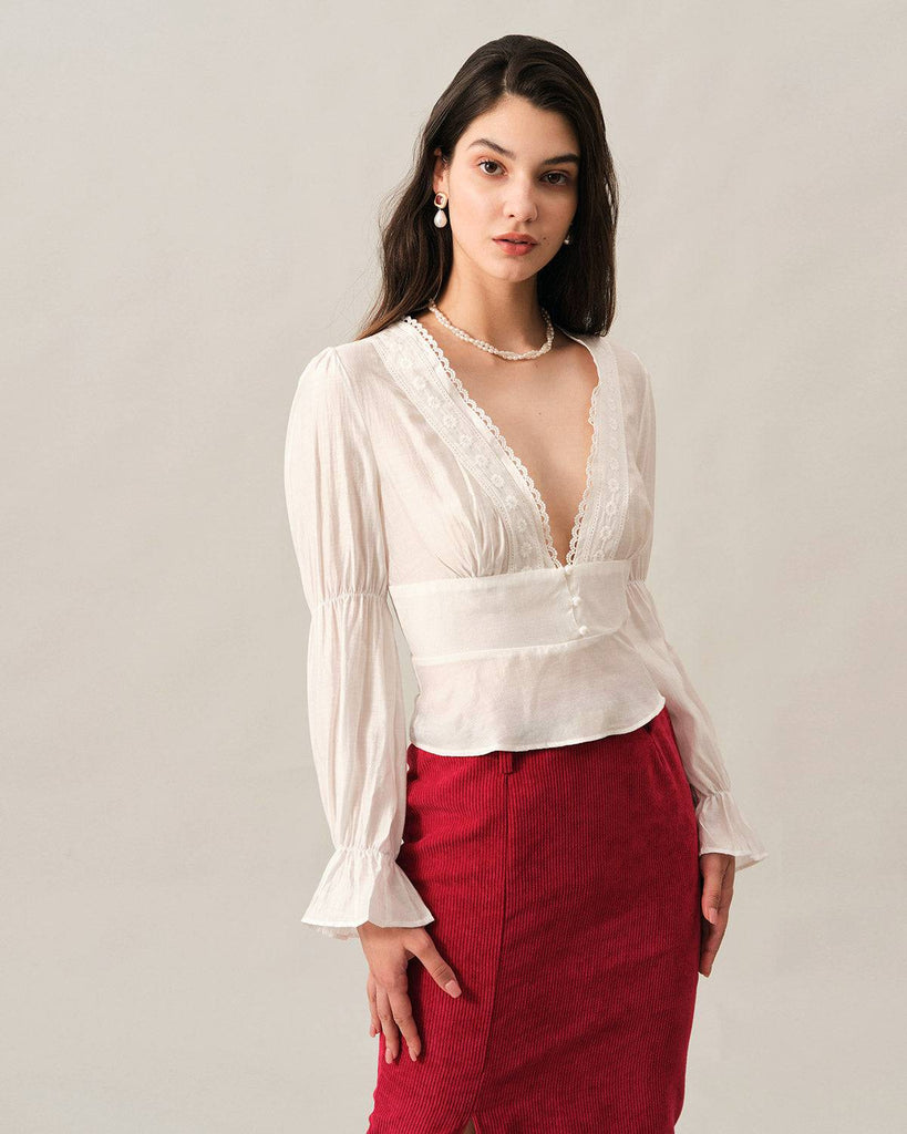 The V Neck Ruffle Lace Trim Blouse - RIHOAS