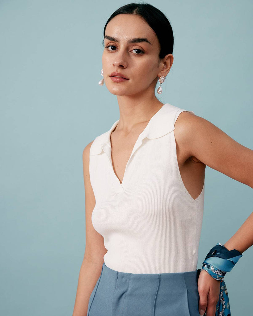 Lapel Neck Ribbed Tank Top - RIHOAS