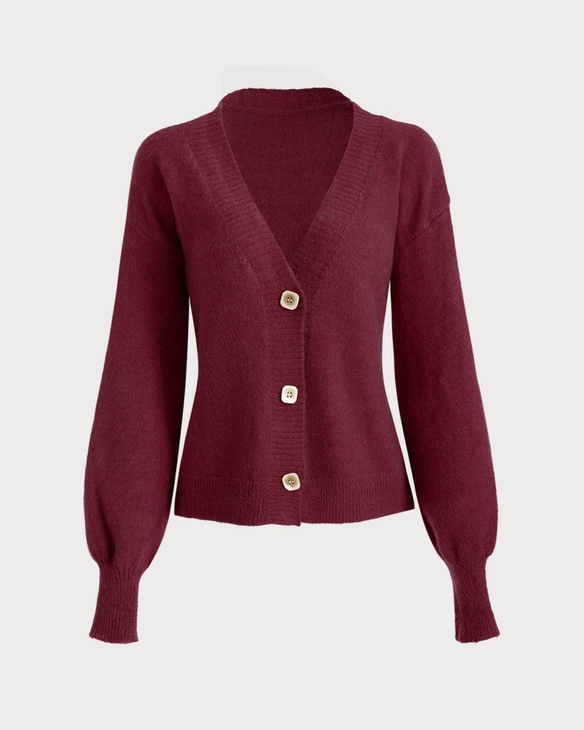 The Solid V Neck Puff Sleeve Cardigan - RIHOAS