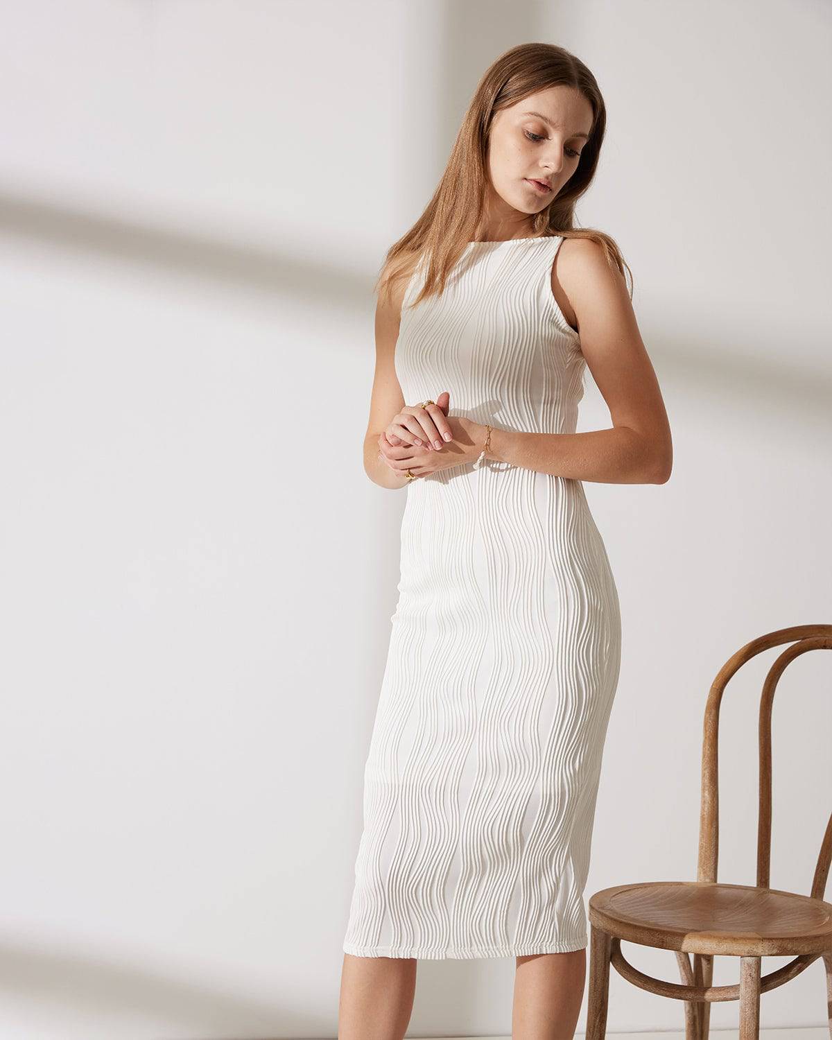 Rihoas Textured Jacquard Boat Neck Dress Rihoas Textured Jacquard Boat Neck Dress
