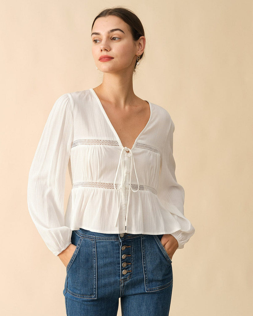 The Spliced Tie Front Cutout Blouse - RIHOAS